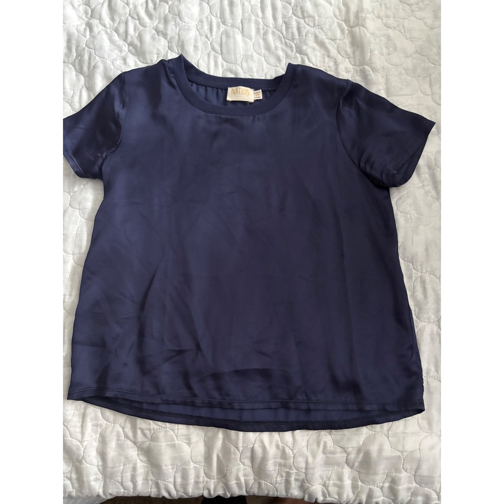 Nation LTD Womens Navy Blue Viscose Rayon Satin‎ Short Sleeve Blouse XS